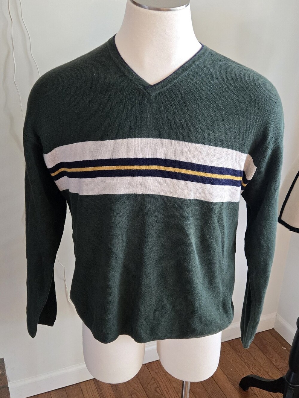 American Eagle Mens Green Stripe Y2k 2000s Pullover Long Sleeve Large
